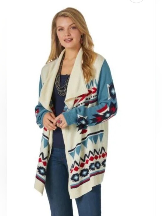 Wrangler Sweaters - Wrangler Retro Open-Front Aztec Print Cardigan Sweater in Cream Teal Size Large